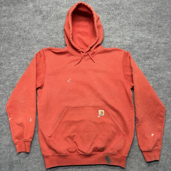 Carhartt Hoodie Mens Medium Red Loose Fit Distressed Paint Splatter Logo Sleeve - Picture 1 of 10